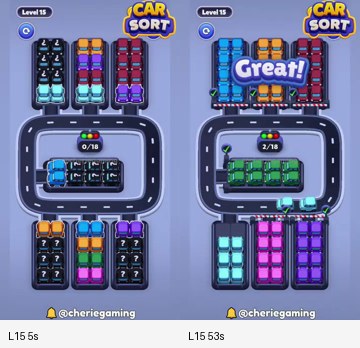 Car Sort Level 15 board analysis frames