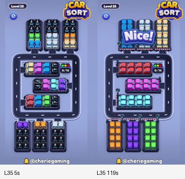Car Sort Level 35 board analysis frames