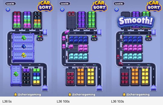 Car Sort Level 36 board analysis frames