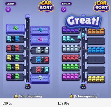 Car Sort Level 39 board analysis frames