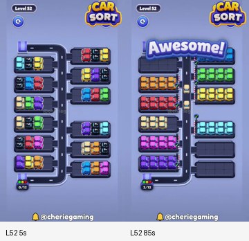 Car Sort Level 52 board analysis frames